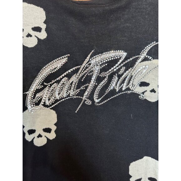 Pol Size Medium Skull Cardigan Sweater Bling Rhinestone Good Ride Applique - Picture 3 of 5